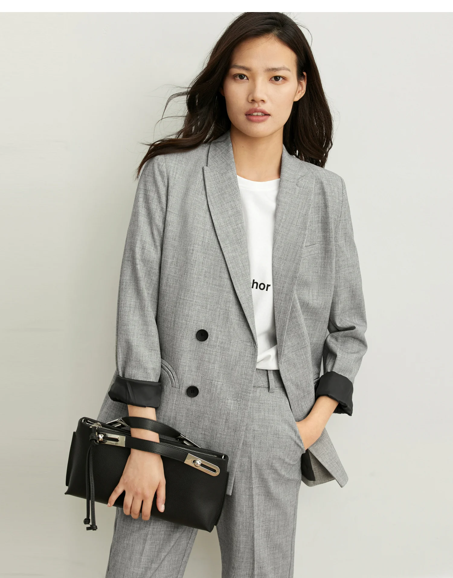 Amii's минимальный и умелый коммутационный модный костюм девять штанов для женщин осень двубортный серый Модный костюм
