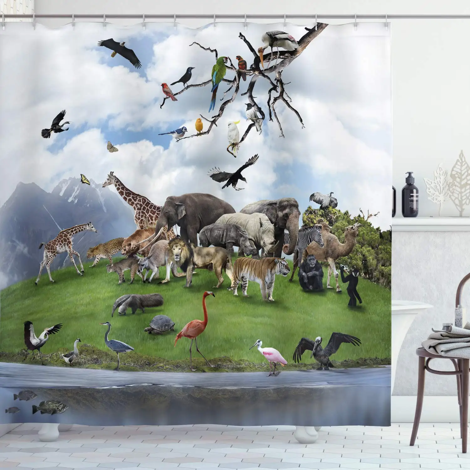 Africa Shower Curtain Tropic Animal Collage in The Valley with Lion Parrot Swans Elephants and Flamingos Bathroom Decor Set | Дом и сад