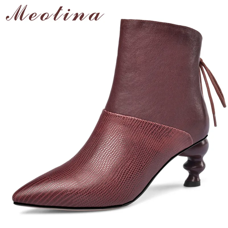 

Meotina Autumn Ankle Boots Women Natural Genuine Leather Strange Style High Heel Short Boots Pointed Toe Shoes Female Size 34-39