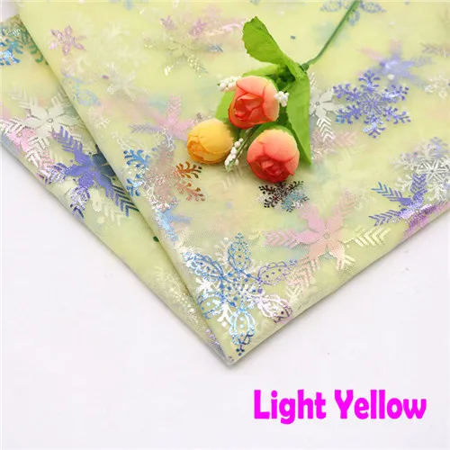 150cmx100cm Colorful Snowflake Soft Tulle Fabric Princess Dress Glitter Fabric New Year Organza Printed Bronzing Fabric Light yellow