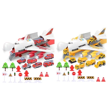 

2Pcs Music Story Simulation Track Inertia Children'S Toy Aircraft Plane Police Fire Rescue - Red & Yellow