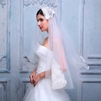 

new arrival wedding veils soft Tulle lvory beading with cut edge 3D flower short bridal velos de novia Wedding dress accessories