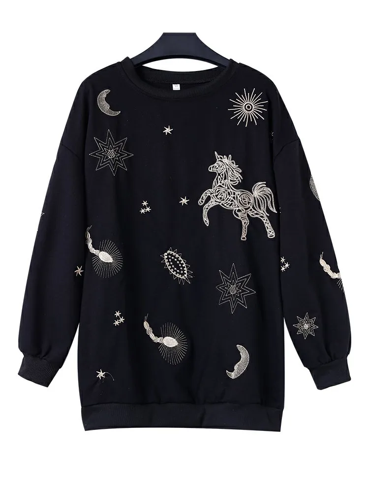 

2019 autumn and winter black lazy wind versatile hooded loose unicorn long-sleeved women's sweatshirt WGNVWY17