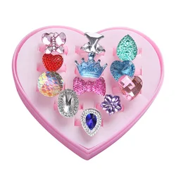 Ensemble de bagues dessin animé pour enfants, 12 pièces/ensemble, bagues pour filles, ensemble de bagues pour doigts, bijoux, boîte d'affichage en forme de cœur, maison de jeu, jouet cadeau 