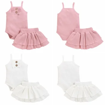

New Hot Sale Summer Baby Girls Sets Cotton Sling Rompers Tops Solid Pink White Color Skirt Kit Kids Two-piece Outfit 1-4Y