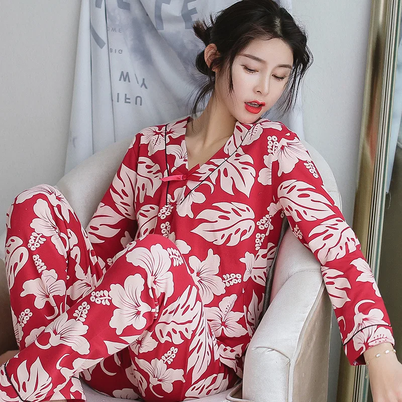 

Spring New Style Korean-style All Pure Cotton Long Sleeve Pajamas Women's Japanese-style Fashion Sweet V-neck Big Flower Homewea