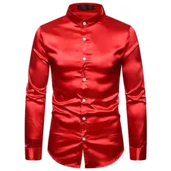 Красное шелковое атласное платье рубашка мужская 2019 весна осень новая рубашка с длинным рукавом Мужская s Свадебная кнопка вниз платье