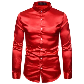 

Red Silk Satin Dress Shirt Men 2019 Spring Autumn New Long Sleeve Shirt Mens Wedding Button Down Dress Shirts Business Men Shirt