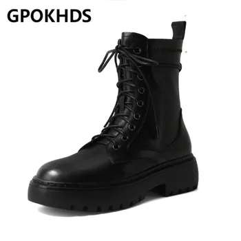 

GPOKHDS 2021 women ankle boots soft Cow leather winter short plush lace up round toe high heels equestrian boots party dress