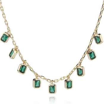 

HIBRIDE Charm Green Geometry Pendent Necklace For Women Bling Zircon Stone Gold Color Plated Chain Choker Necklace fashion P27