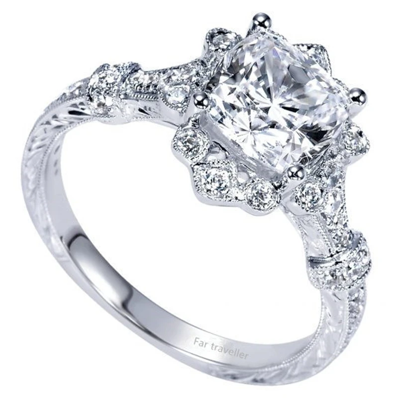 Квадратный алмаз кольца принцессы 18 К белого золота резные палец Anillos де закрыть кольца ювелирные изделия кристалл Bizuteria для женщин Diamante