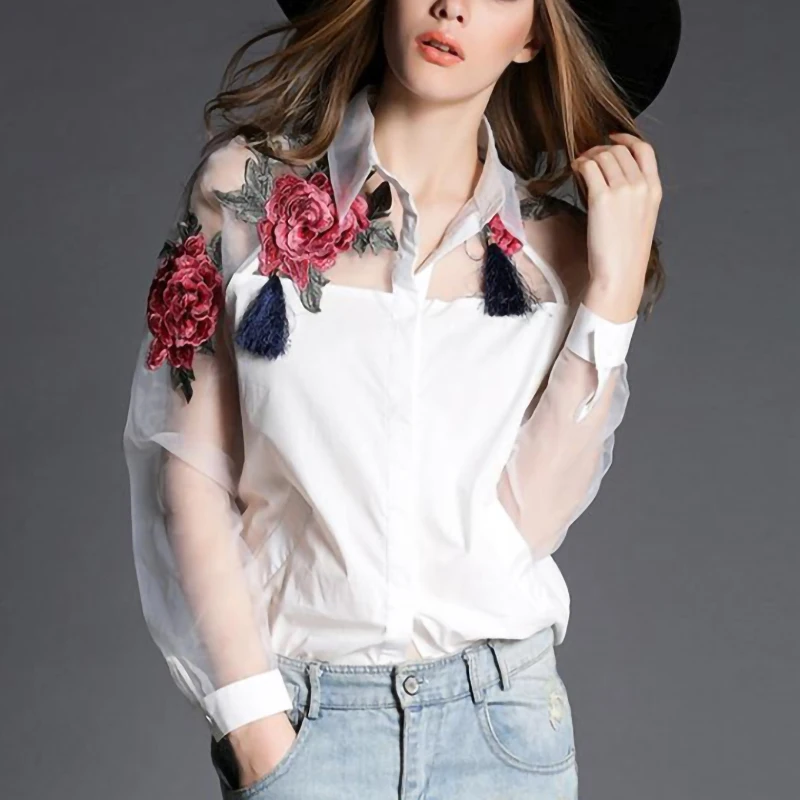 

White Blouse Vintage Embroidery Off Shoulder Top Ladies Office Work Shirt Mesh Long sleeve Women Clothing