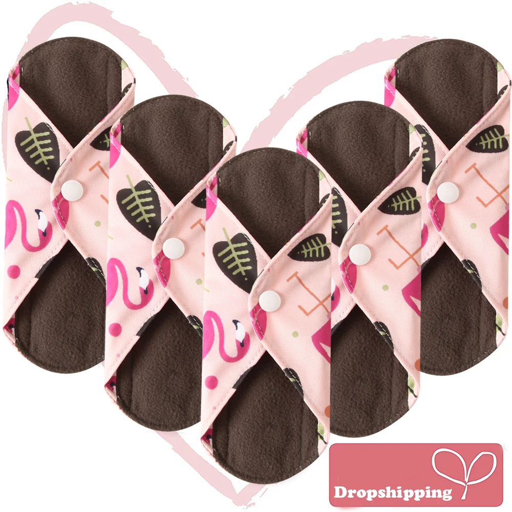 5Pcs Women Menstrual Pads Reusable Sanitary Napkin Absorbent Reusable Charcoal Bamboo Cloth Pads Washable Sanitary Towel Size M