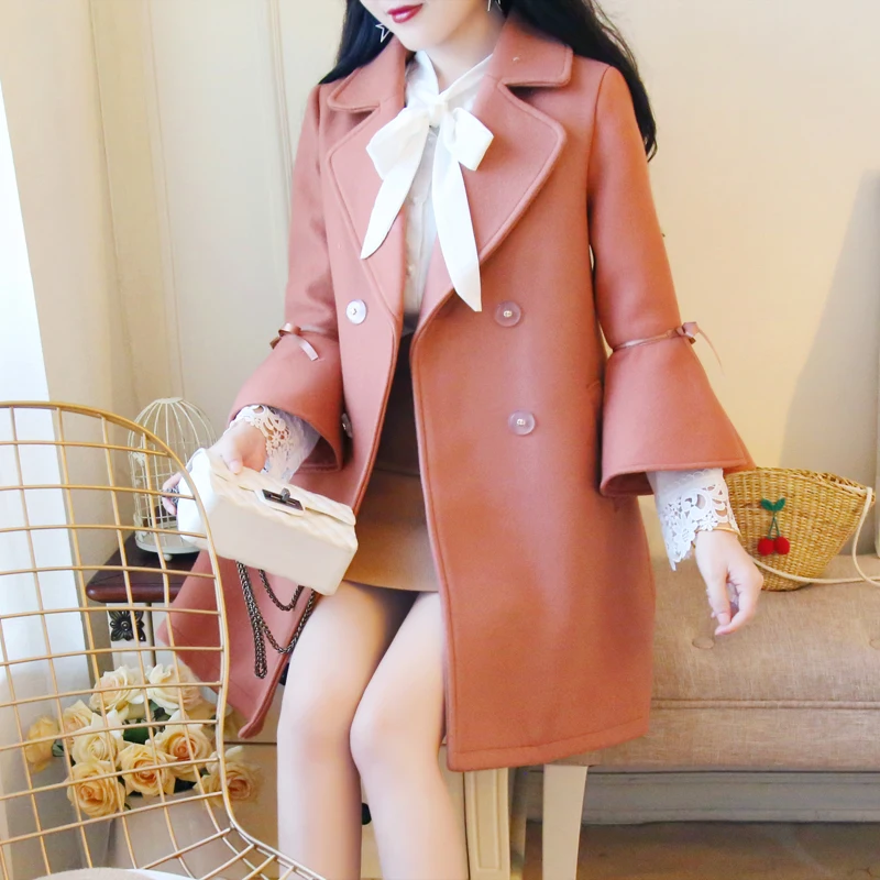 1000 Woolen Overcoat Women's Mid-length Korean-style New Style Bell Sleeve Sweet Bow Pink Woolen Jacket