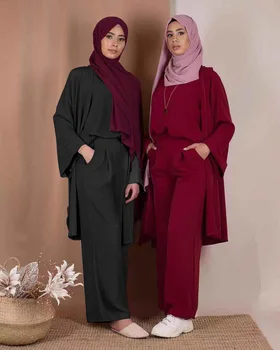 

WEPBEL Fashion Women Muslim Clothes Set Solid Color Three-Piece Top Ankle Length Pants Suit Ramadan Islamic
