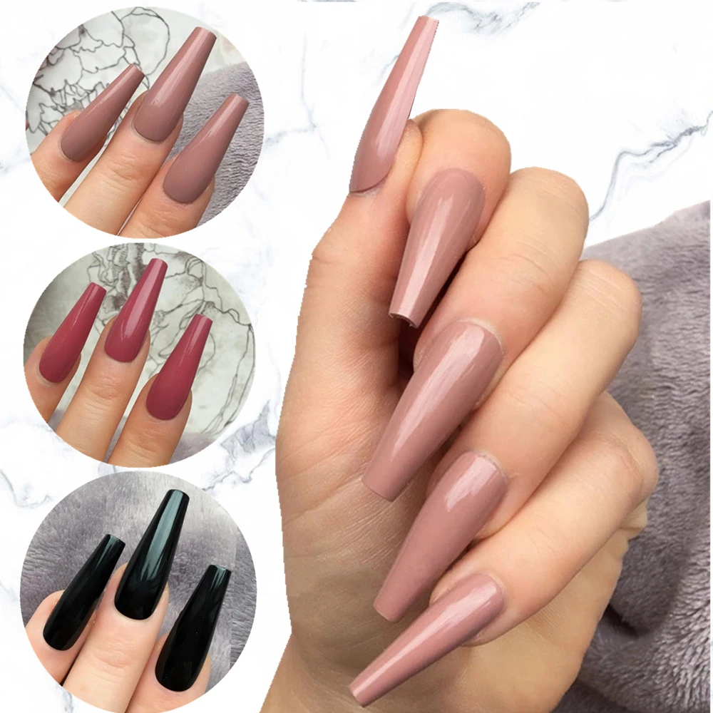 

24Pcs Shiny Nude Long Artificial Fake Nails For Design DIY Ballerina Stiletto False Nails UV Gel Polish Surface Manicure Tools