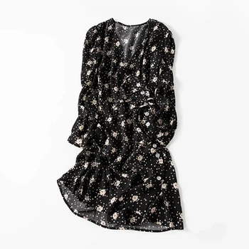 

Women Floral Print V Neck Wrap Dress Holiday Long Sleeve French Style Vintage Mini Gabin Dress