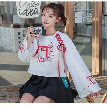 

Lychee Girls Japanese Cherry Embroidery Women Fleece Crop Sweatshirts Cotton Spring Autumn Lady Tops Lace Up O-neck Pullovers