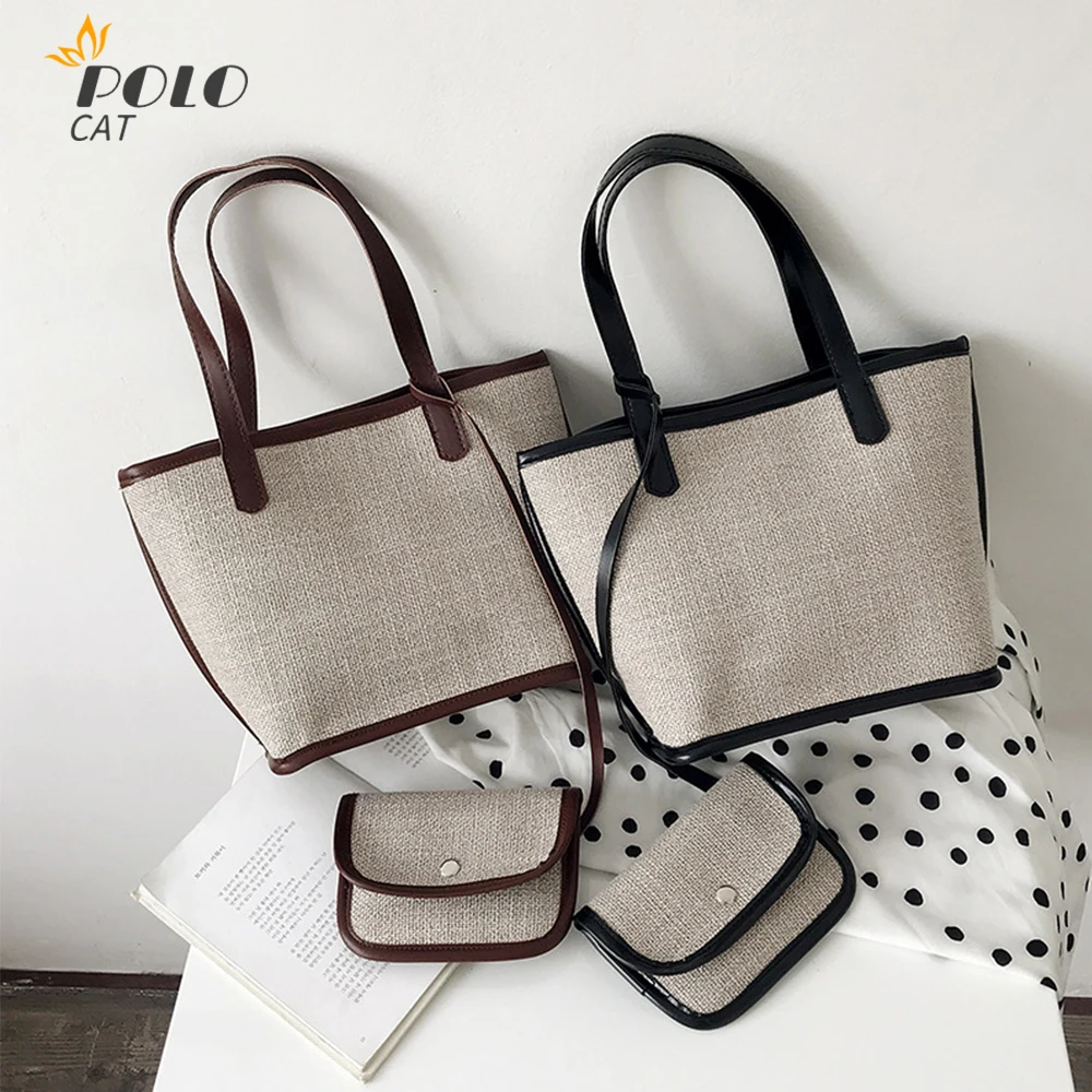 

2 Piece Large Women Shoulder Bag Set Composite Bag Big Capacity High Quality Linen Female Handbag 2020 Shopping Traveling Bag