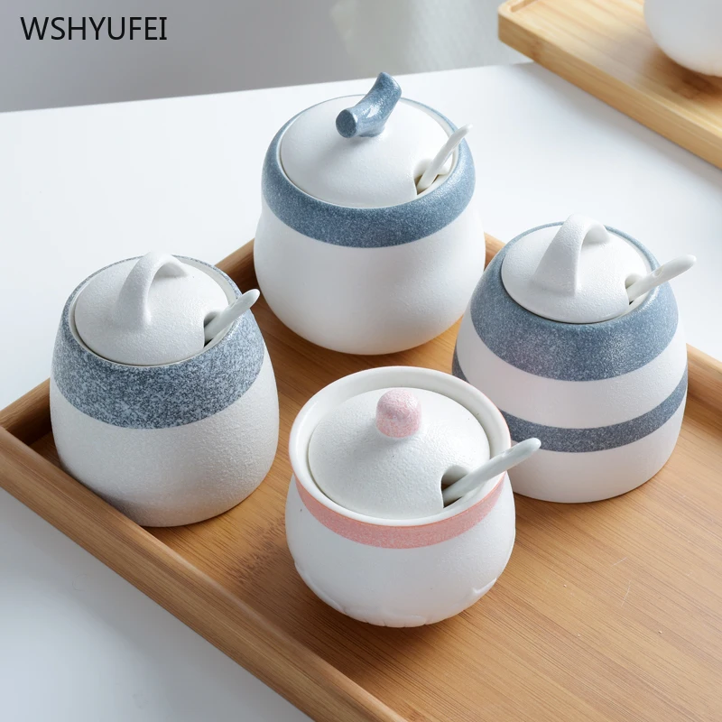 

Direct Japanese style simple stripe creative seasoning home restaurant kitchen storage decorative ceramic seasoning jar set