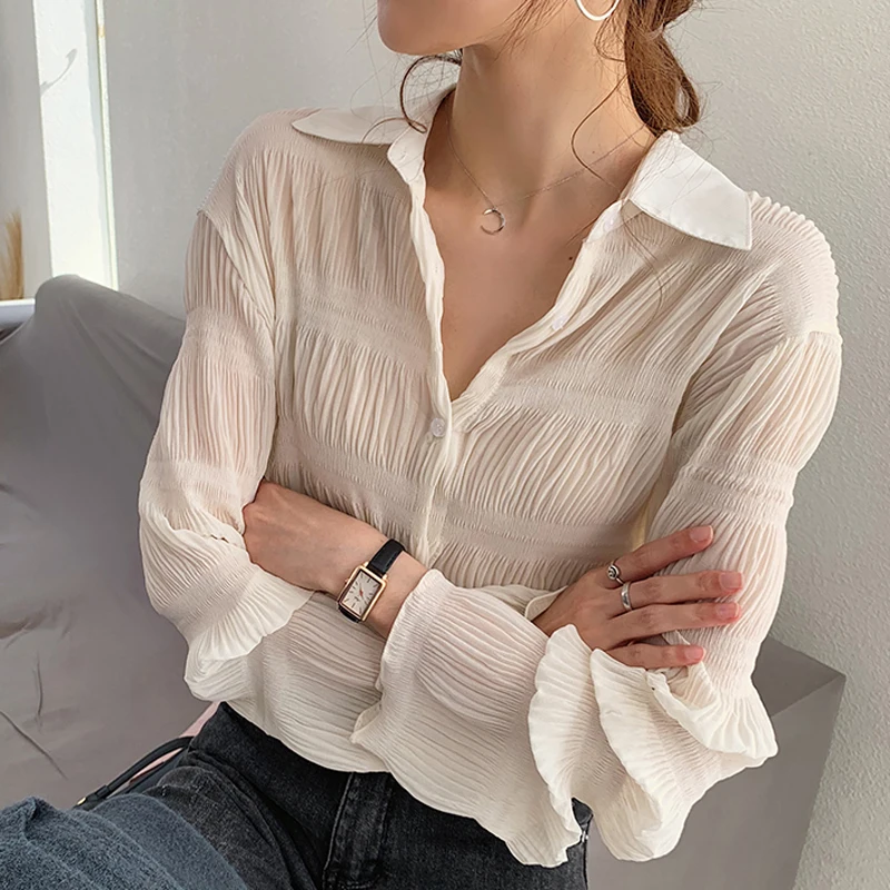 

2020 spring new retro elegant women's chiffon shirt casual long-sleeved lapel fashion solid color bottoming shirt blouse