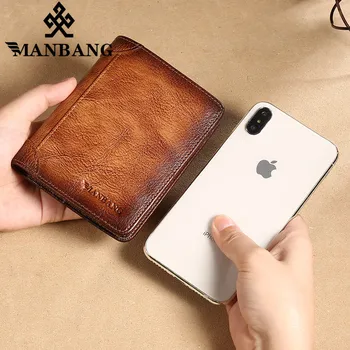 ManBang Male Genuine Leather Wallets Men Wallet Credit Business Card Holders Vintage Brown Leather Wallet Purses High Quality 6