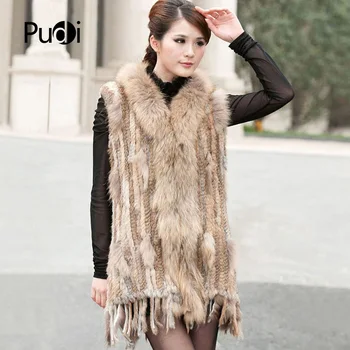 

VR016 Women Genuine Natural Real rabbit fur Knitted Vests /Waistcoat/ gilet coats with tassels Raccoon Dog Fur collar Long style