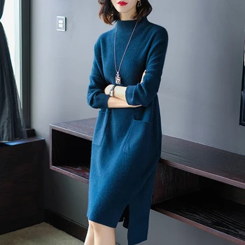 

Women Irregual Side Split Pocket Sweater Dress Korean Japan Straight Mid-Calf Office Lady Kint Turtleneck Dress Spring Fashion