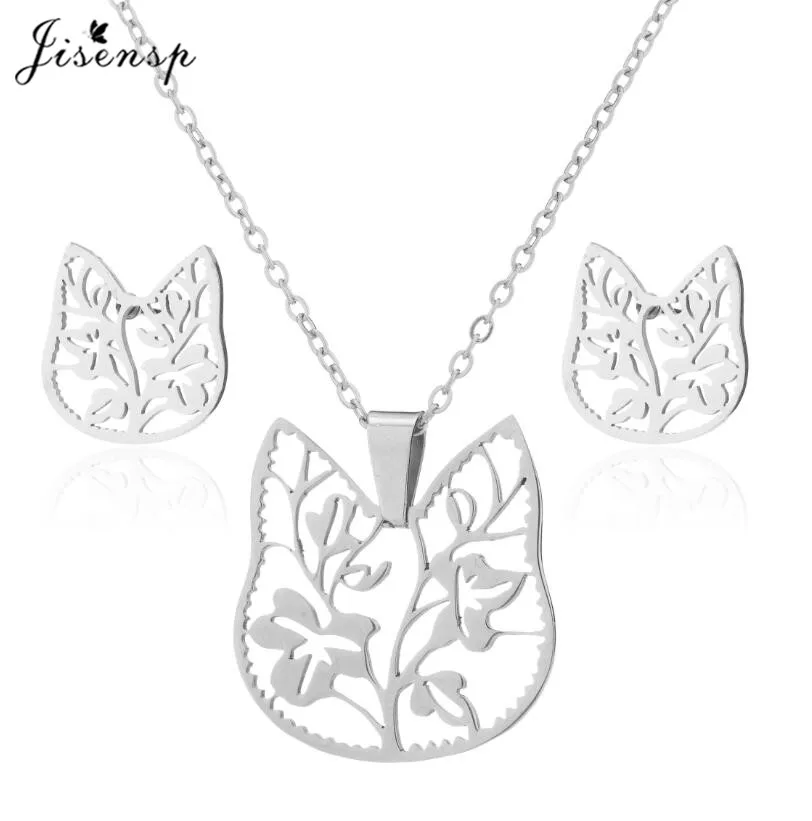 Jisensp Stainless Steel Jewelry Sets Unique Design Cat Flowers Choker Necklace Earrings Fashion Jewelry for Women Party Gift