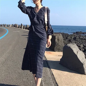 

Women Vintage Check Wrap Midi Dress Long Sleeve Tie Waist Top Summer V-Neck Mid-Calf Classic Blouse Fashion 923-428