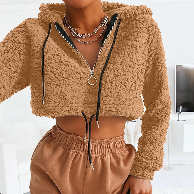 

Hot Selling Zipper Plush Sweater Women's Autumn 2020 New Fashion Navel Long-Sleeved Hooded Top couple clothes