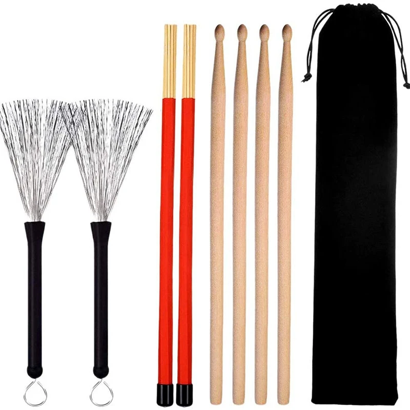 Drum Sticks Set, Maple Wood Drum Sticks, Drum Wire Brushes Retractable