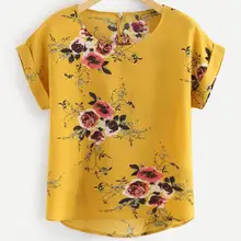 Блузка женская с цветочным принтом, Модный пуловер с круглым вырезом, топ с коротким рукавом, одежда на лето Блузка женская с цветочным принтом, Модный пуловер с круглым вырезом, топ с коротким рукавом, одежда на лето