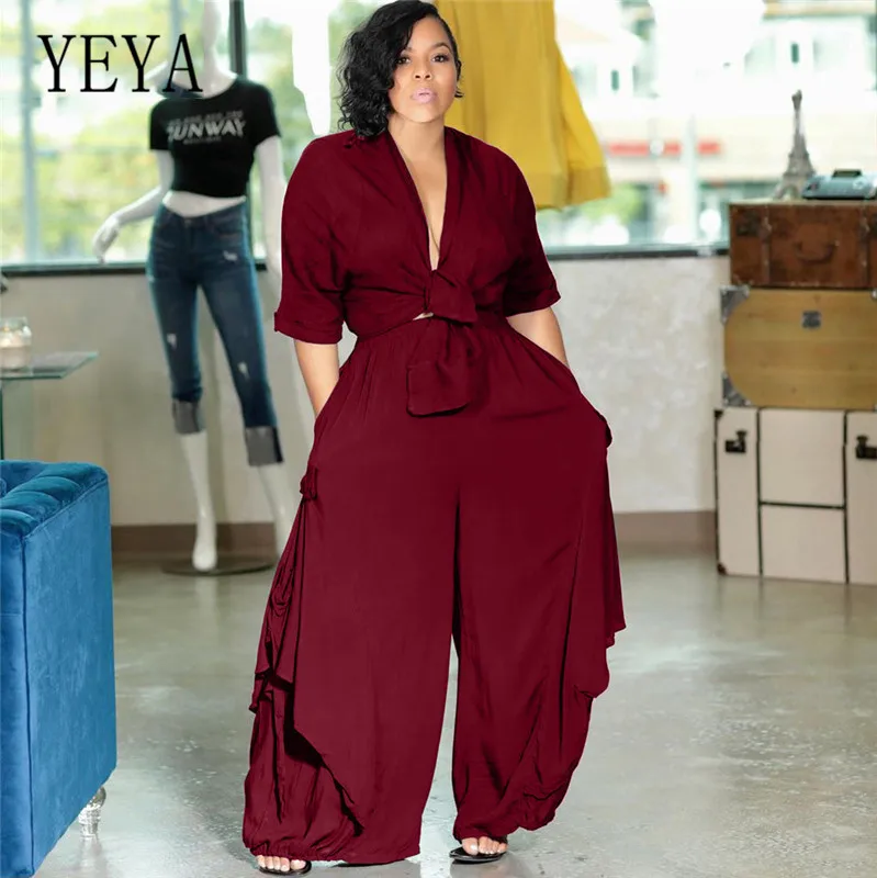 YEYA, плюс размер, 2XL, свободные комплекты из двух предметов, пупочный Топ, сексуальная уличная Женская одежда, Модный укороченный топ+ широкие штаны, Комбинезоны
