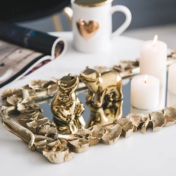 

Nordic Vintage Carved Gold Mirror Tray Fruit Food Tea Cup Luxury Home Storage Box Jewelry Necklace Display Tray Home Decoration
