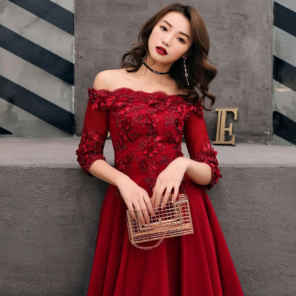 vestido de fiesta rojo vino 2021 con hombros descubiertos, cuentas apliques vestidos cortos de graduación con media manga|Vestidos de graduación| - AliExpress