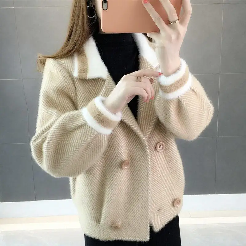 

Fall Women Short Mink Cashmere Casual Cardigans Sweet Patchwork Pockets Sweaters Solid Turn-Down Collar Plus Size Cardigans