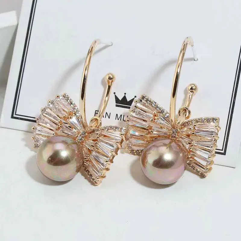 

1pair Clear CZ Bowknot Shaped Earring Drop Pearl Tassel Earrings Studs Luxury Earrings Fashion Jewelry