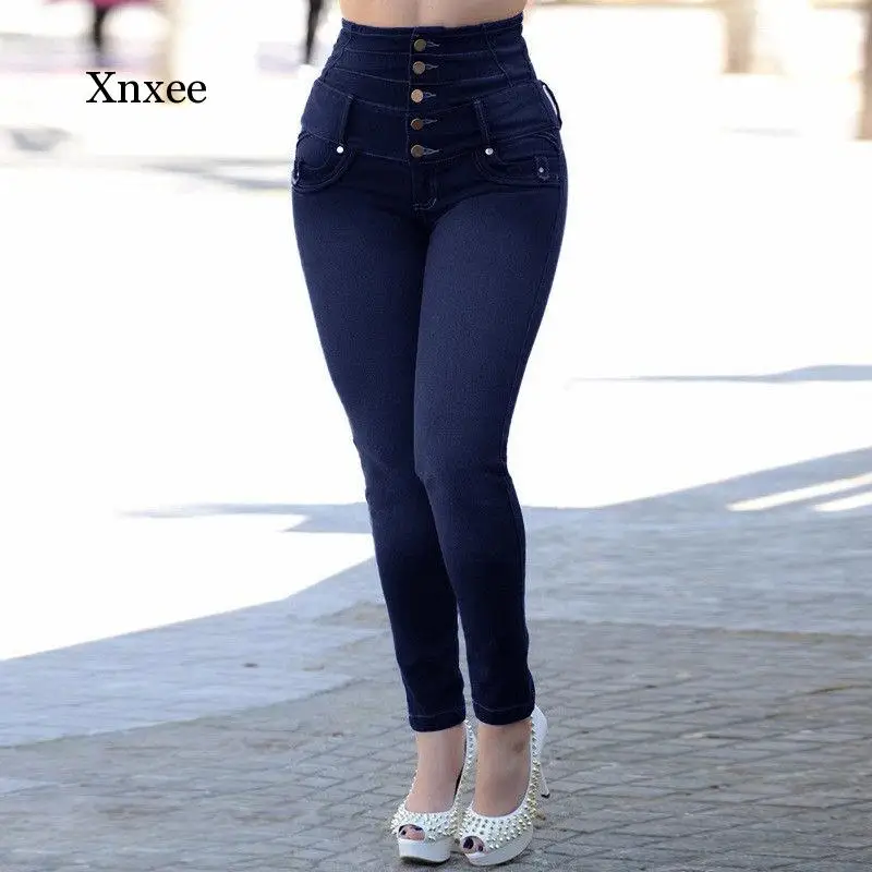 Women Stretchy Denim Trousers Slim Fitted Casual Black Blue Skinny High Waist Buttons High Street Jeans Streetwear Pants