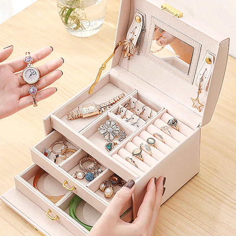 3layers Stud Earrings Ring Jewelry Box Arrival Women's Useful Makeup Organizer With Mirror Travel Portable Jewelry Storage Case 2022 new arrival 5 5 inch wifi blue tooth embedded touch control panel with rs485 relay for background music in wall amplifier