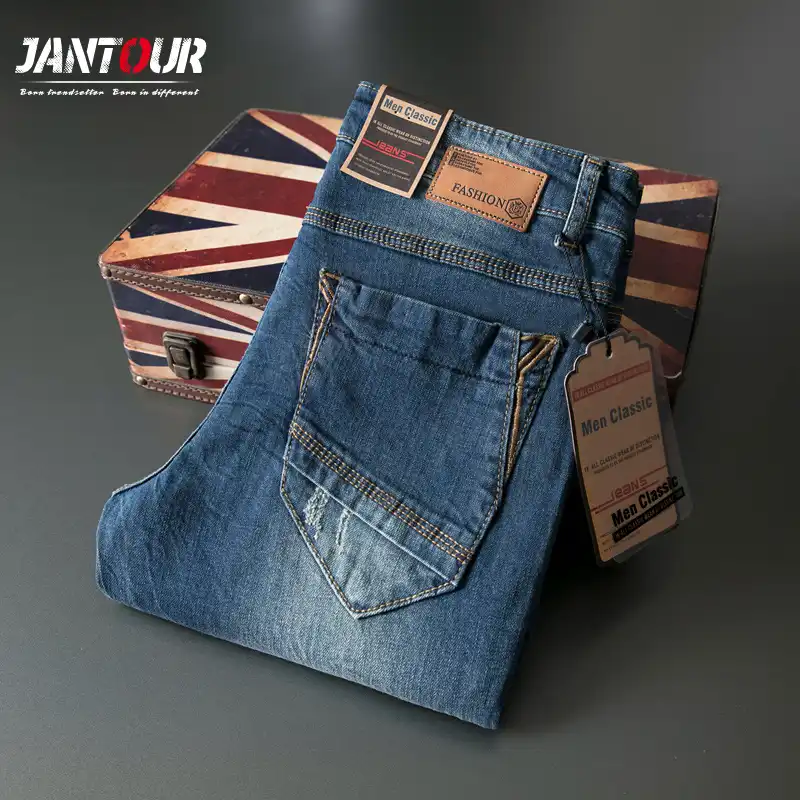 レトロジーンズ男性スリムカジュアルパンツ弾性メンズジーンズブルー高品質の綿デニムブランドのジーンズメンズ ジーンズ Aliexpress