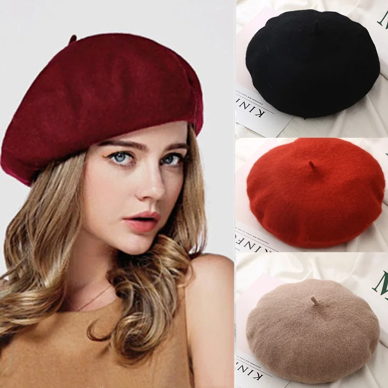 Hacloser Fashion Women Beret Hats Autumn Winter Warm Beanie Hat Wool Leopard Printed Vintage Casual Cap Khaki