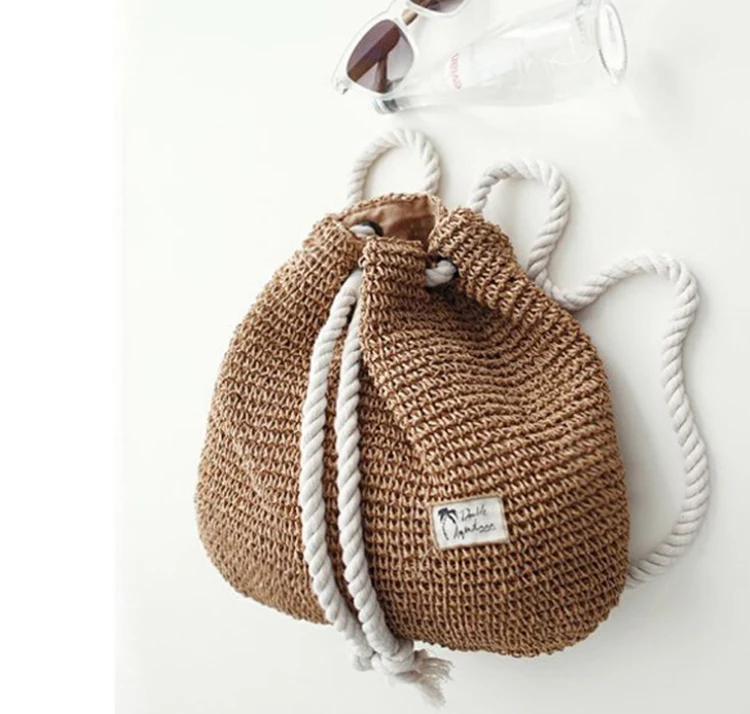 Mochila de paja de verano para mujer, bolso de playa hecho a mano con cordón, bolso de hombro tejido de ganchillo, bolsa de viaje