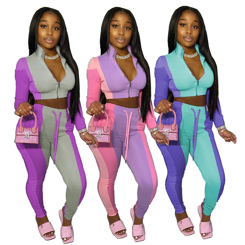 

Autumn Stitching Color Stripe Suit Women's Long-Sleeved Zipper Top + Trousers 2-Piece Set for Girls