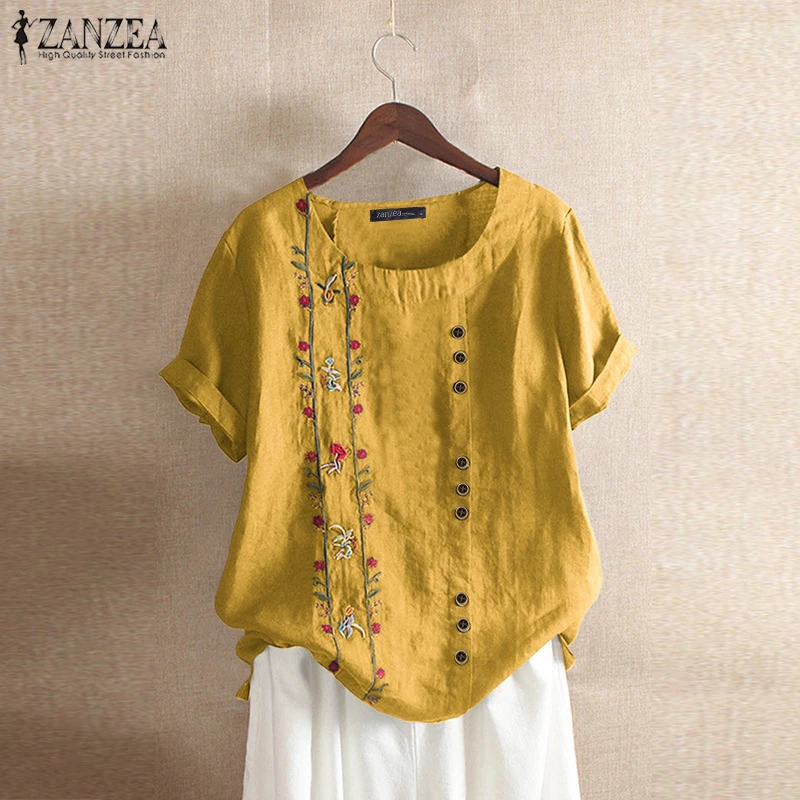 ZANZEA, летняя рубашка с вышивкой и коротким рукавом, Женская винтажная хлопковая льняная блузка, женские богемные блузы, Повседневная Туника, топы, сорочка - Цвет: Цвет: желтый