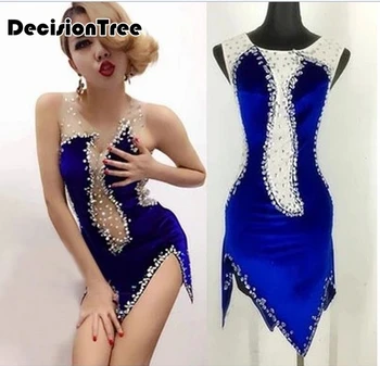 

2020 shiny crystal sexy latin dancing dresses female blue luxury perspective sexy costume mesh stitching communicative dress