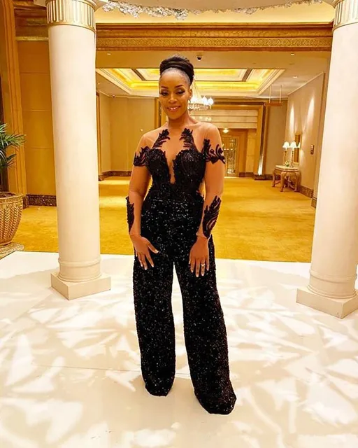 Black Women Prom Dress Jumpsuits Sheer 
