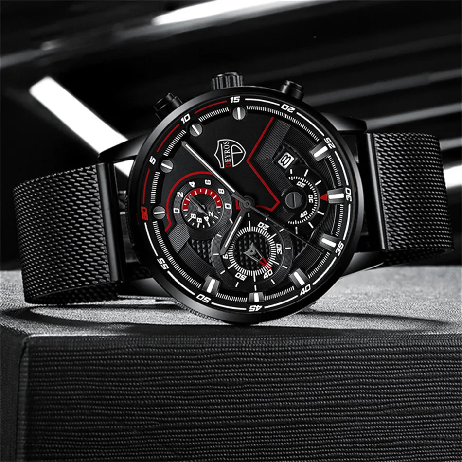 часы мужские Luxury Mens Quartz Stainless Steel Mesh Belt Casual Watches Men Leather Business Date Luminous Watch reloj hombre