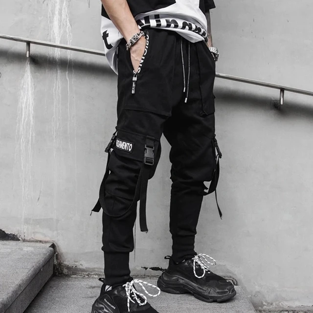 Pantalones Cargo para hombre, ropa de calle informal con bolsillos, cintas, Color impactante, estilo Hip Hop 2