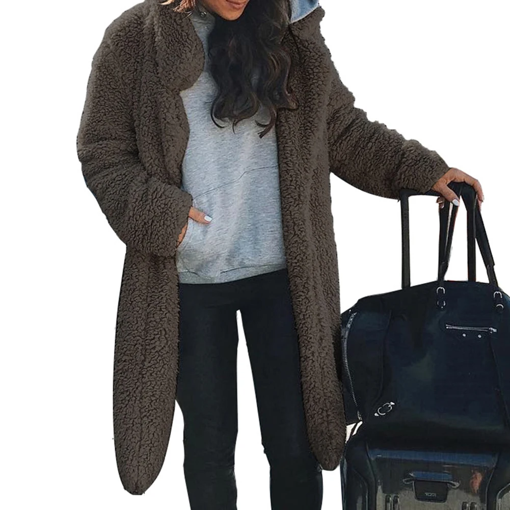Модный женский зимний плотный плюшевый однотонный кардиган с отворотом и длинным рукавом, теплое пальто средней длины, Женское пальто из полиэфирного волокна/спандекса